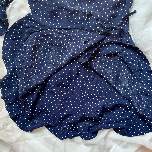 Wrap Around Short Navy Blue Polka Dot Romper - Picture 4 of 4